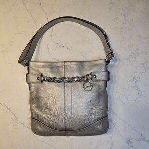 Coach Metallic Silver Pebbled Leather Chain Shoulder Bag Crossbody